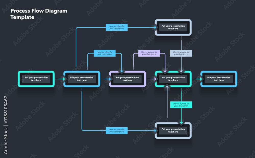 Simple modern template for process flow diagram - dark version. Flat infographic design with thin lines for website or data presentation. Simple modern template for process flow diagram - dark version. Flat infographic design with thin lines for website or data presentation.