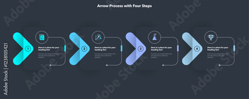 Arrow infographic process template with four steps - dark version. Graphic diagram with numbers and icons for workflow layout, banner or web design.