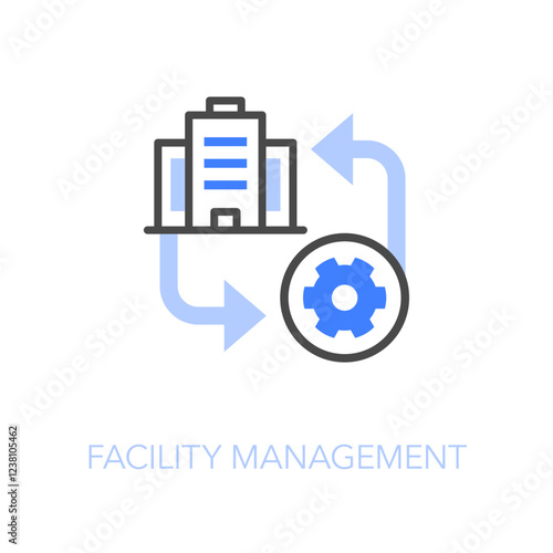 Simple visualised facility management icon symbol with a commercial building and a process cogwheel.