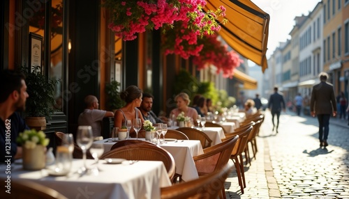 Fototapeta Naklejka Na Ścianę i Meble -  European cafe outdoor seating area. People seated at tables enjoying drinks. Lively atmosphere. Sunny day. European city street. Traditional style. Vintage building. Summertime. Busy scene. Tourists,