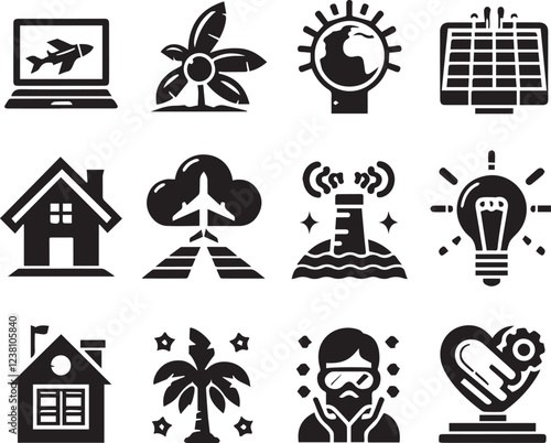 A collection of various vector icons including people, animals, objects, vehicles, space, appliances, food.