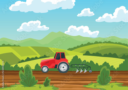 Agriculture farming landscape. Countryside land. Tractor plowing the field on rural landscape background. Farm life, soil cultivation process. Vector cartoon illustration
