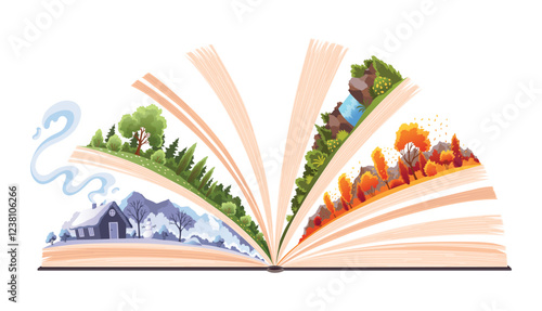 Book four seasons summer, winter, spring, autumn. Open book with different season on pages. Reading fantasy storybook about nature. Vector illustration