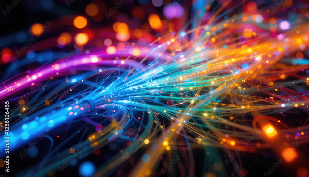 Fototapeta premium Vivid Optical Fiber and Colored Electric Cables Glowing, Technology Background.