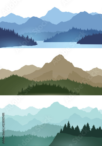 Foggy mountains landscape background set. Smoky and rocky panorama with mountains skyline and pine tree forest silhouettes. Scenery with slopes, vector cartoon illustration