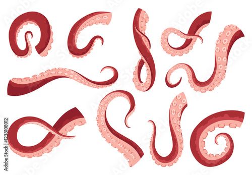 Octopus tentacles or sea squid icon set. Spooky marine monster arm on white background. Vector cartoon underwater animal