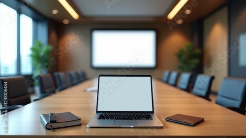Mockup with Open Laptop, Corporate boardroom open laptop conference table presentation remote planner photorealistic.