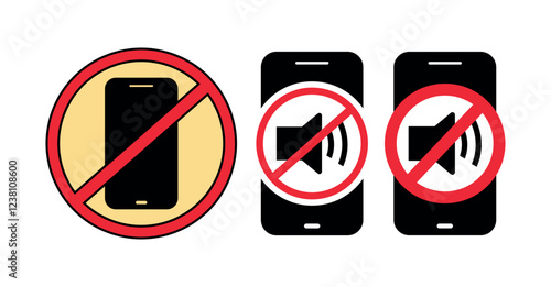 No Cell Phones and Silent Mode Icon - Red Prohibition Sign