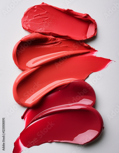 Creative concept image of cosmetics makeup beauty products lipstick eyeshadows foundation makeup on white background.
