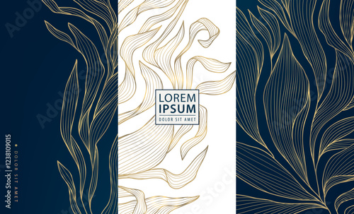 Vector set of art deco leaves pattern, luxury gold line floral design, leaf labels, floral logos, ornaments. Elegant wine, package, gift package labels