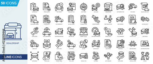 Dealership icon collection Line Style. Car repair, Test Drive, Car trade, Car Loan, Dealership, Car Inspection