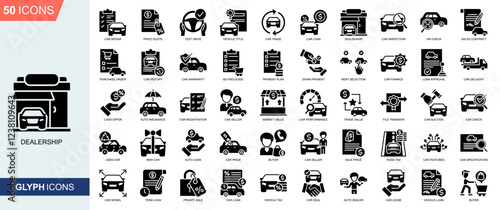 Dealership icon collection Glyph Style. Car repair, Test Drive, Car trade, Car Loan, Dealership, Car Inspection