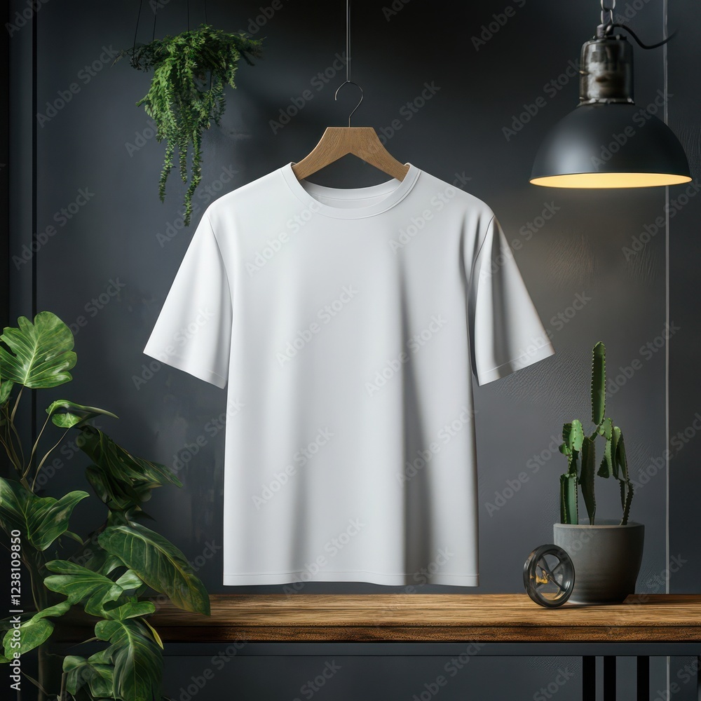 Stylish cotton t-shirt display modern indoor studio fashion photography minimalist setting close-up view luxury concept Stylish cotton t-shirt display modern indoor studio fashion photography minimalist setting close-up view luxury concept