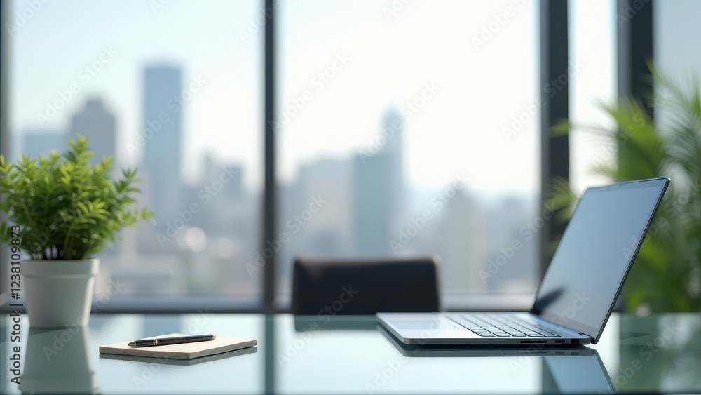 custom made wallpaper toronto digitalMockup with Open Laptop, Modern office with open laptop on glass desk city view potted plant and notebook photorealistic.