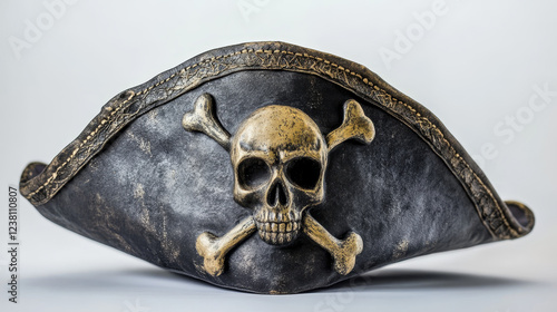 Cartoon pirate tricorn cocked hat with skull crossbones, corsair sailor vector headwear. Pirate captain tricorne hat with Jolly Roger skull for cartoon carnival costume or kids photo booth mask photo