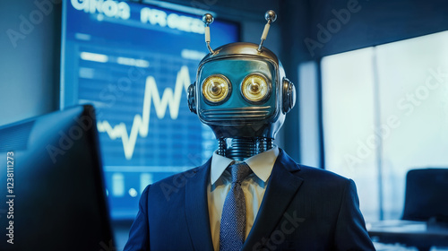 pour symboliser l'IA dans le domaine de la finance, un robot habillé en costume devant des écrans avec des courbes économiques qui montent photo