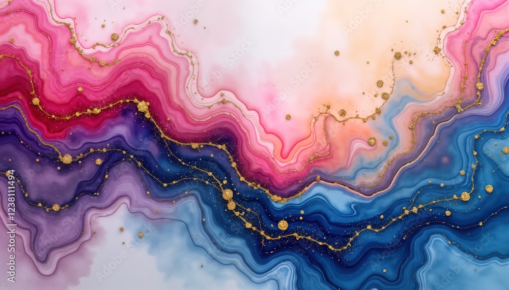 Abstract fluid art background with colourful swirling patterns. Vibrant pink blue, purple hues blend smoothly with flowing lines, shapes. Gold accents add elegance, shimmer. Elegant design perfect Abstract fluid art background with colourful swirling patterns. Vibrant pink blue, purple hues blend smoothly with flowing lines, shapes. Gold accents add elegance, shimmer. Elegant design perfect