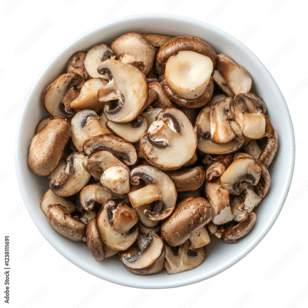 Sliced brown mushrooms in a white bowl on a transparent background, closeup view of fresh, raw, and healthy food ingredient for cooking and vegetarian recipes Sliced brown mushrooms in a white bowl on a transparent background, closeup view of fresh, raw, and healthy food ingredient for cooking and vegetarian recipes