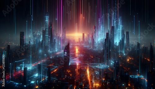 Wallpaper Mural A futuristic neon cyberpunk wallpaper with glowing city lights, digital rain, and a sci-fi skyline in a dark, atmospheric setting. Torontodigital.ca