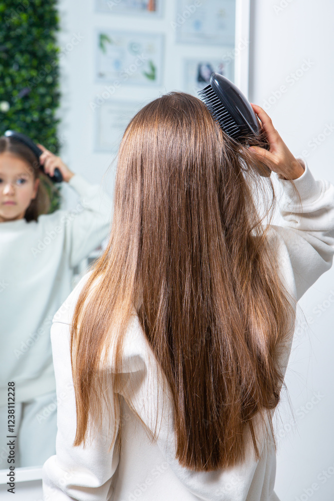Naklejka premium Little girl combing her long brown hair in front of the mirror