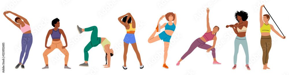 Diverse group of women are doing various exercises, including yoga and stretching. Concept of health and fitness. Flat colorful vector illustration isolated on transparent background Diverse group of women are doing various exercises, including yoga and stretching. Concept of health and fitness. Flat colorful vector illustration isolated on transparent background