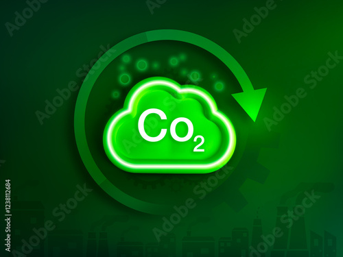 Reduce Co2 emissions to limit climate change, net zero carbon dioxide reduction management concept. Circular gear with arrow on white cloud, Co2 icon inside, with pollutions on dark green background. photo