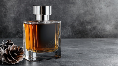A stylish perfume bottle with a dark liquid, accompanied by a pine cone on a textured surface.
