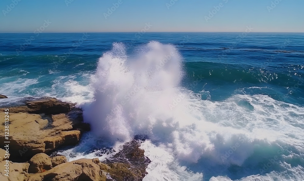 Fototapeta premium Dynamic Ocean Wave Splashing Against Coastal Rocks, Generative AI