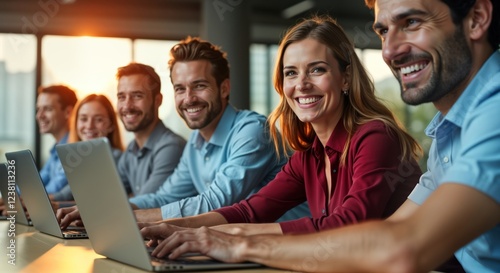 Happy professionals work together in modern office. Team members use laptops and smile. They are in meeting. Casual corporate environment. Diverse group of people. Focus on teamwork and collaboration.