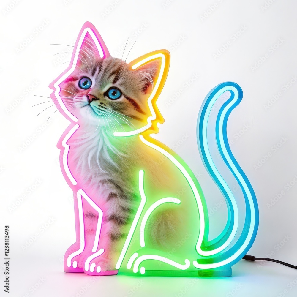 Obraz premium Neon Light Kitten on a white background