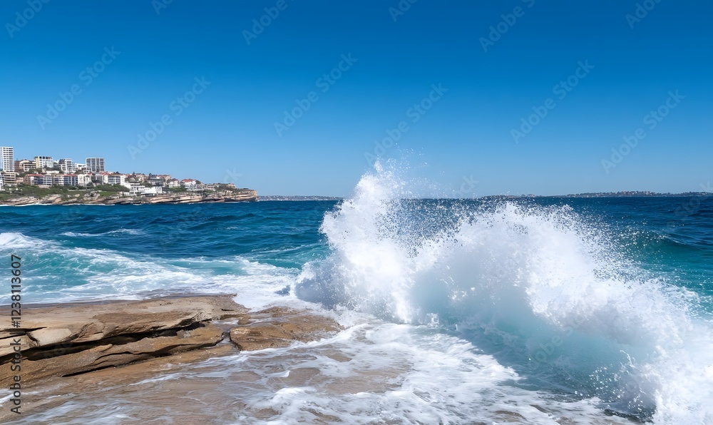 Dynamic Ocean Wave Splashing Against Coastal Rocks, Generative AI Dynamic Ocean Wave Splashing Against Coastal Rocks, Generative AI