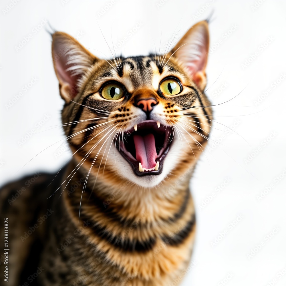Brown tabby cat isolated on white background. Cat mouth open in surprised expression. Adorable pet portrait. Domestic animal. Cute furry animal. Ideal for pet lovers. Animal photo. High quality pet Brown tabby cat isolated on white background. Cat mouth open in surprised expression. Adorable pet portrait. Domestic animal. Cute furry animal. Ideal for pet lovers. Animal photo. High quality pet