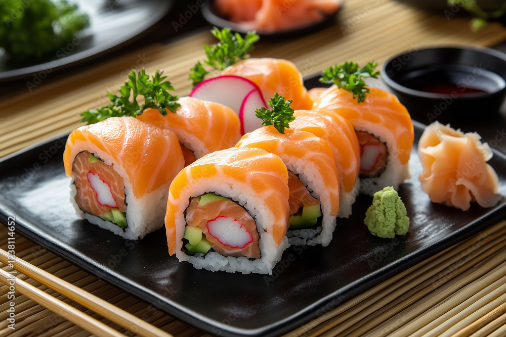Elegant Salmon Sushi Rolls with Fresh Garnishes. A beautifully arranged platter of salmon sushi rolls filled with crab, cucumber, and avocado Elegant Salmon Sushi Rolls with Fresh Garnishes. A beautifully arranged platter of salmon sushi rolls filled with crab, cucumber, and avocado
