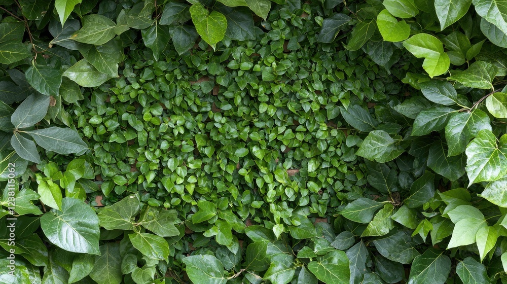 Fototapeta premium Lush green leaves, natural wall backdrop, vibrant foliage
