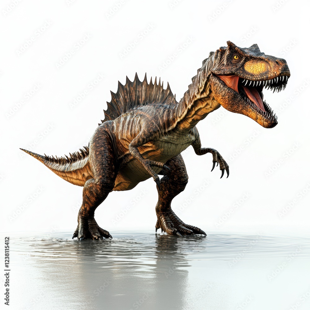 Fototapeta premium Terrifying Spinosaurus standing in shallow water, isolated on a clean white background