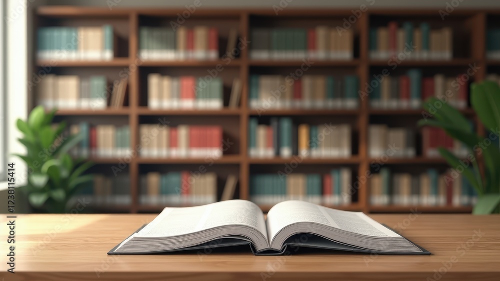 Open Magazine Mockup, open magazine on table with bookshelves view photorealistic Open Magazine Mockup, open magazine on table with bookshelves view photorealistic