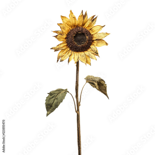 Single dried sunflower with brown center and yellow petals on a transparent background, concept of autumn, fall, and rustic decoration
