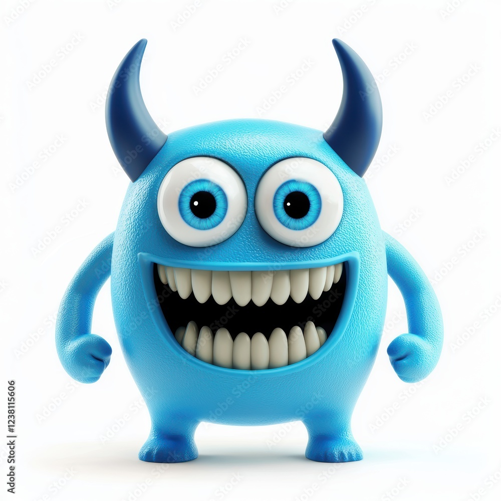 Fototapeta premium Three-eyed blue monster with tiny horns and a big toothy grin, isolated on a clean white background