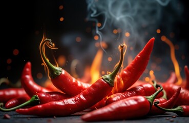 Crédence de cuisine  Close up view of red chili peppers burning in flames. Hot peppers on dark surface. Spices, fire around food. Burning chili peppers isolated on dark background. Fresh ripe chili peppers look ready to  © Vadym