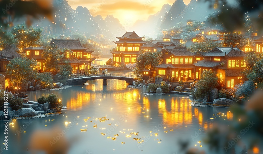 3D Illustration of Ancient Chinese Scroll Unrolling with Tang Dynasty Characters and Landscape, Gold Calligraphy on White Paper over Nighttime River, Wooden Houses and Silk Textures 3D Illustration of Ancient Chinese Scroll Unrolling with Tang Dynasty Characters and Landscape, Gold Calligraphy on White Paper over Nighttime River, Wooden Houses and Silk Textures