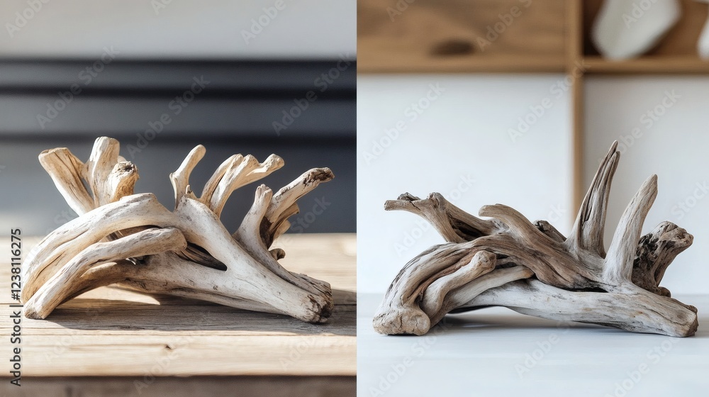 Two Pieces of Bleached Driftwood on Wooden Surface