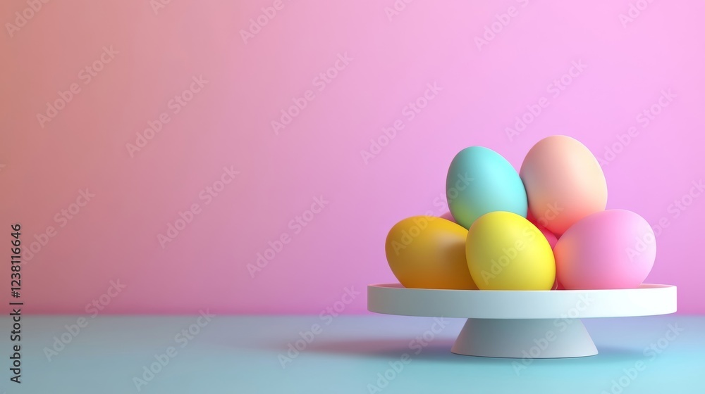 Fototapeta premium 3D design Easter banner background with a bunch of Colorful bright Easter eggs on a white elegant plate , on a bright abstract background, with free space for text