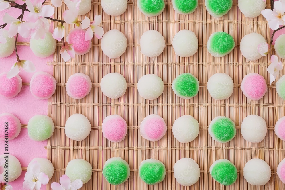 Obraz premium Mochi (Japan) An overhead shot of colorful mochi arranged on a bamboo tray