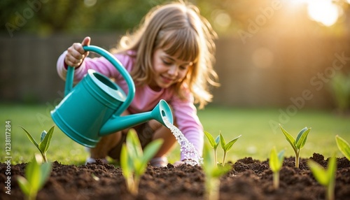 Girl watering plants with a watering can in the garden, cheerful expression, outdoor activity