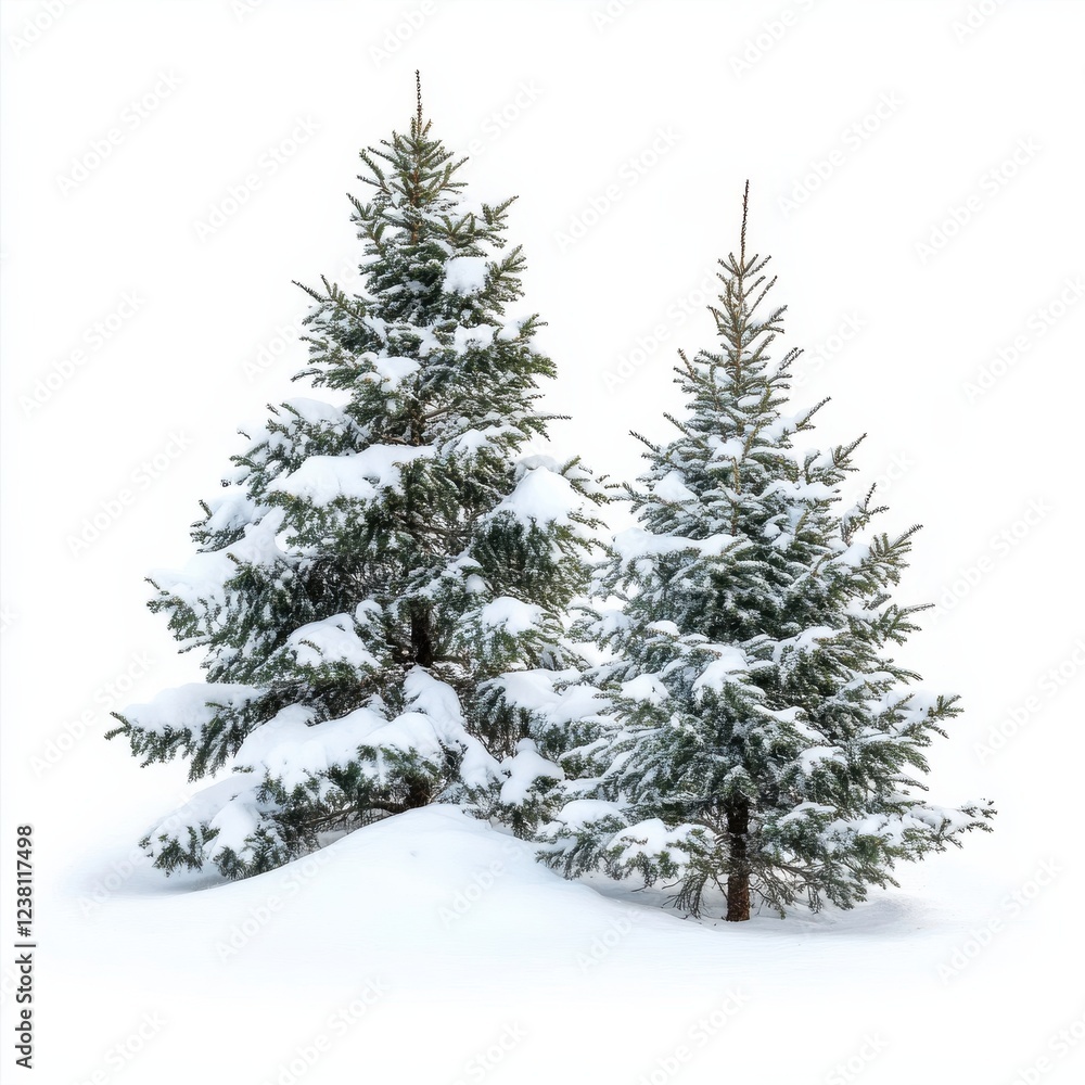 Obraz premium Winter Landscape: Two Snow-Covered Evergreen Trees against a White Background, Ideal for Seasonal Decor or Nature Themes