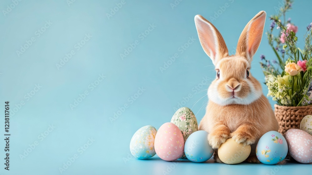 Fototapeta premium Easter banner with cute bunny with colorful eggs on blue background with space for text