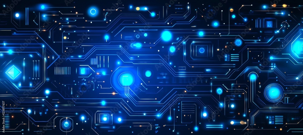 Abstract Futuristic Sci-Fi Technology Background With Glowing Blue Nodes and Circuitry
