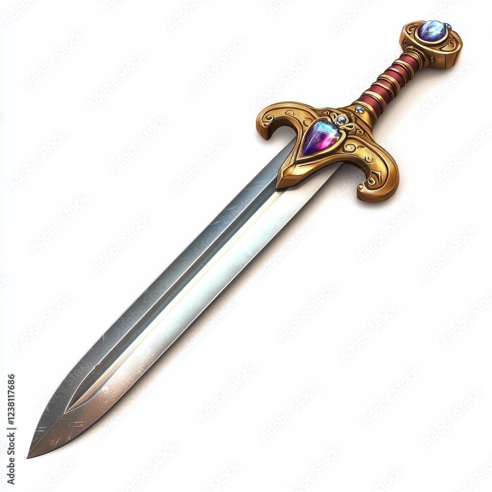 traditional medieval sword with a shiny blade and jeweled hilt, placed on a clean white background traditional medieval sword with a shiny blade and jeweled hilt, placed on a clean white background