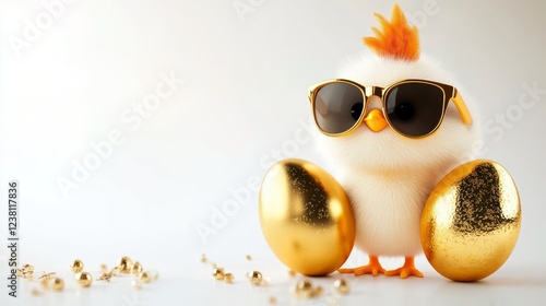 3D banner with an image of a chicken wearing glasses and golden eggs on a white background with free space for text.