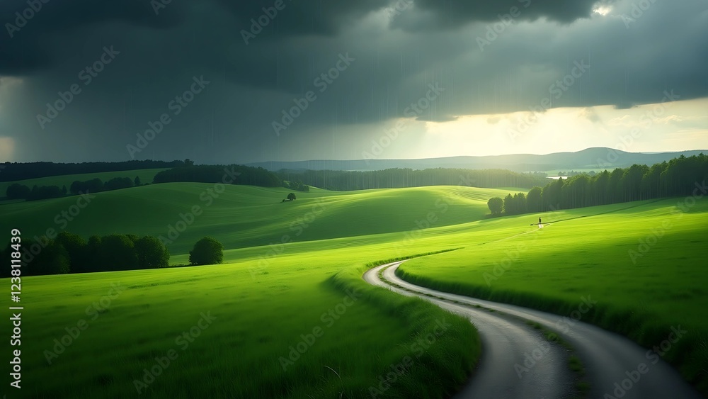 Serene Green Fields and Curved Road with Incoming Rainstorm – Majestic Landscape Shot Serene Green Fields and Curved Road with Incoming Rainstorm – Majestic Landscape Shot